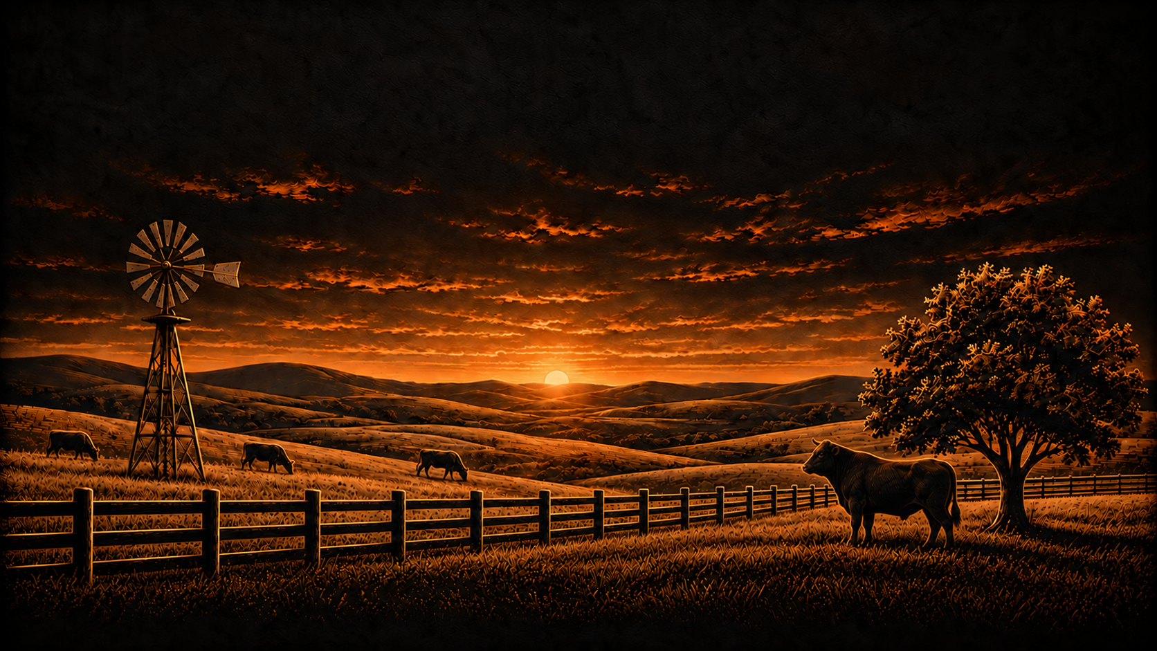 Four cattle on the high plains at sunrise, with a ranch windmill, fence, and tree